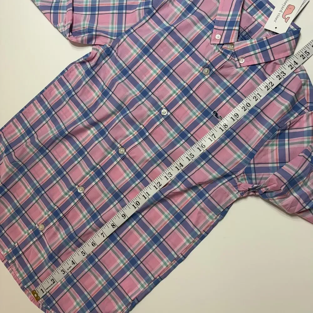 Vineyard Vines Shirt Boys Small 8-10 Pink Plaid Performance Whale Button Down